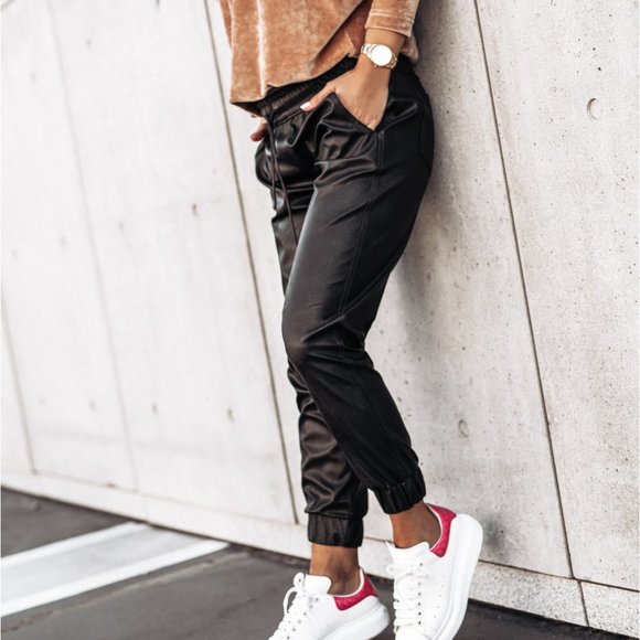 Pocketed Drawstring Faux Leather Joggers - Picture 2 of 5